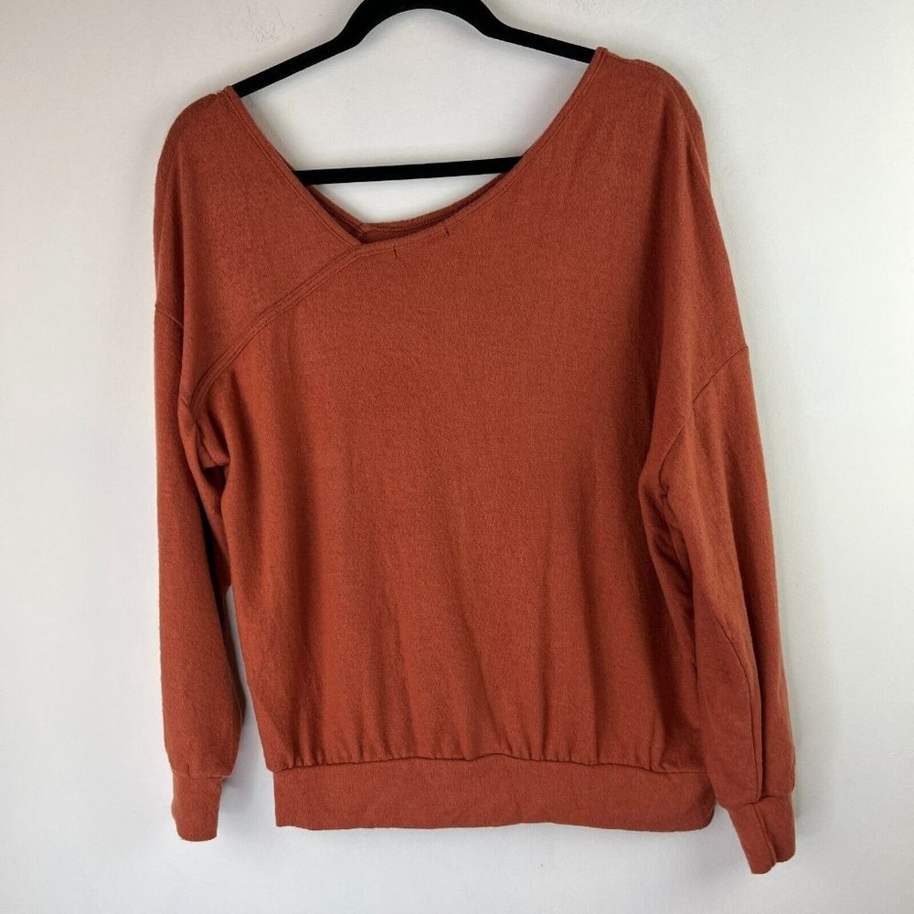 Gyft Womens Size Small Asymmetrical Neckline Long Sleeve Top Sweater Orange